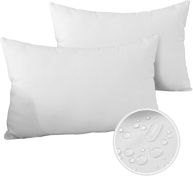 White Lumbar Pillow Covers 12 x 20 Inches, Modern Simple White Backdrop Waterproof Throw Pillow Cover Set of 2, Home Decorative Rectangle Cushion Covers for Patio/Tent/Couch/Garden