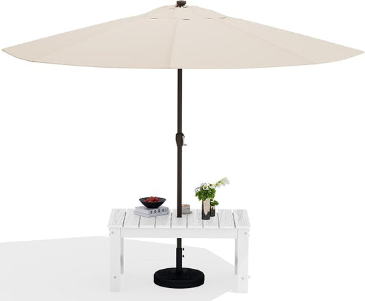 SERWALL Outdoor Coffee Table with 9FT Umbrella, HDPE Patio Coffee Table for Outside, Rectangle, White(Not Include Umbrella Base)