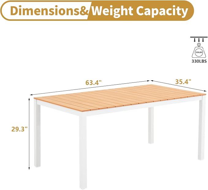 Outdoor Dining Table for 4-6 People Weather-Resistant Rectangle Patio Dining Table with Aluminum Frame for Garden Backyard Porch, White