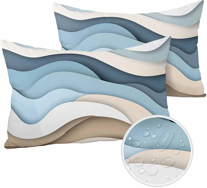 Pack of 2 Blue Brown Abstract Outdoor Pillow Waterproof Covers 20x12 inch, Gradient Water Ripple Polyester Throw Pillow Covers Garden Cushion Decorative Case for Patio Couch Decoration