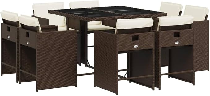 9 Piece Patio Dining Set with Cushions Brown Poly Rattan Outdoor Garden Furniture Table and 8 Folding Chairs Tempered Glass Top Removable Washable Cover