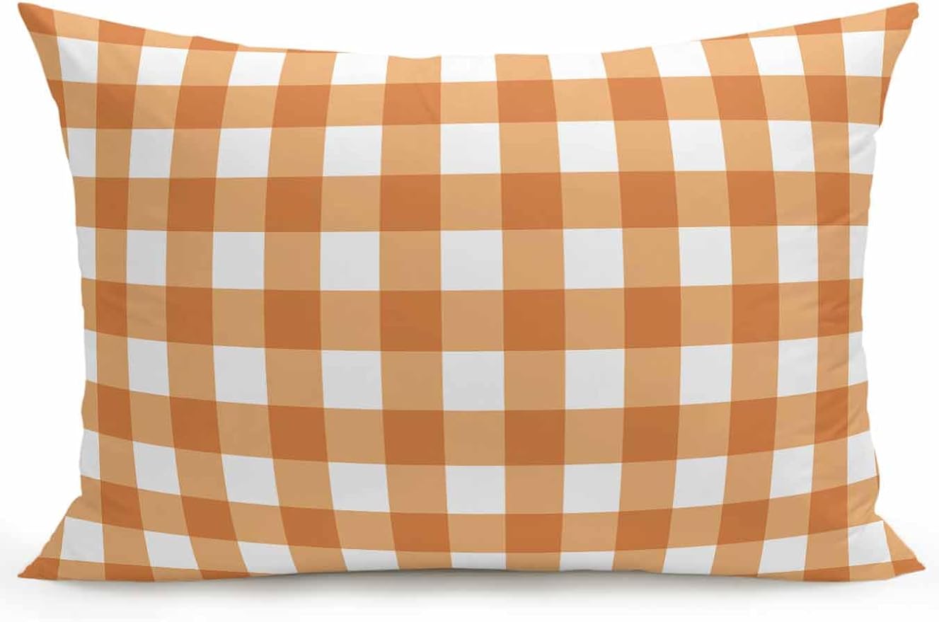 Waterproof Outdoor Pillow 1 Pack Orange Buffalo Plaid Decorative Throw Pillows Cover & Insert 20x12 Inch Lumbar Pillowcase Check Lines Pillows for Couch Sofa Bed Patio Furniture Indoor Outdoor