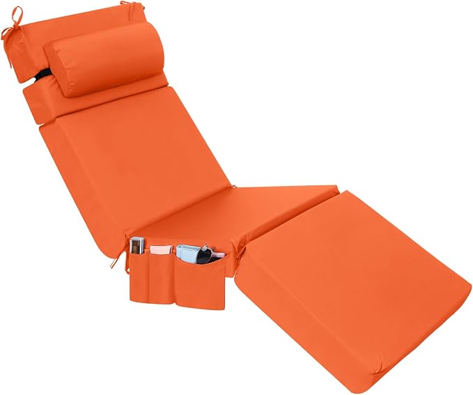 RattanView 1 Pcs Outdoor Chaise Lounge Cushion with Pillow and Side Pockets Waterproof Lounge Chair Cushion for Outdoor Furniture Patio Lounger Pad for Outside Pool Lawn (Orange,72 x 21 x 4)