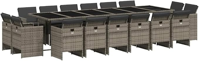 17 Piece Patio Dining Set with Cushions Gray Poly Rattan, Outdoor Rattan Dining Table and 16 Chairs, Folding Chairs with Removable Cushions, Tempered Glass for Garden Backyard Lawn Deck Entertaining