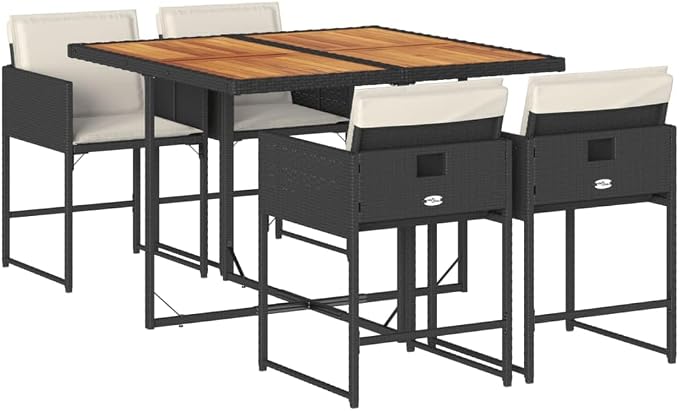 5 Piece Patio Dining Set with Cushions Black Poly Rattan Outdoor Furniture Foldable Chairs Acacia Wood Table for Garden Backyard Deck Relaxation UV-Proof Space-Saving