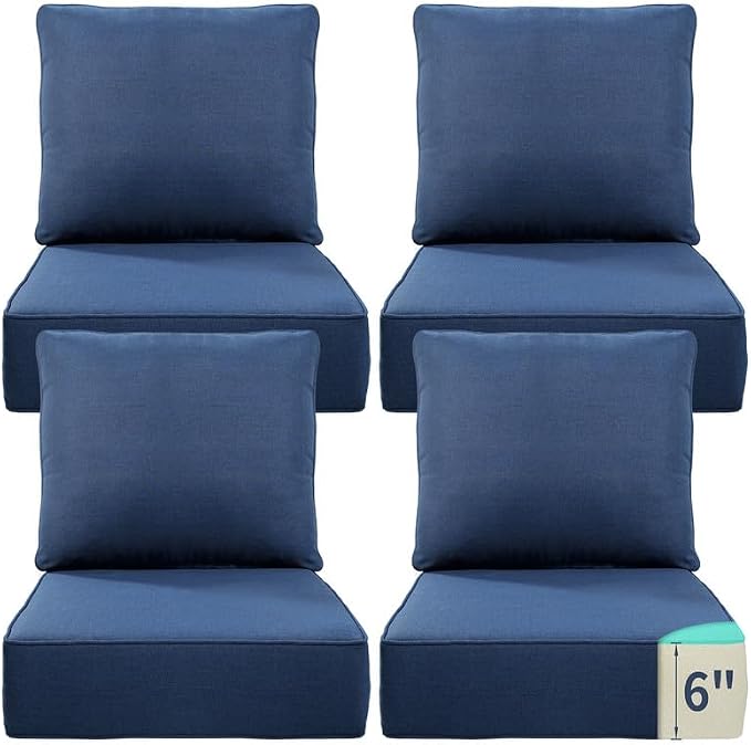 Luxury 22*24*6in Outdoor Patio Cushions, 4 Pieces Navy Blue Outdoor Cushion | 6'' Thick Outdoor Cushions, Water-Resistant, Reversible, Removable Cover, for Patio Chairs Sofa Couch Loveseat