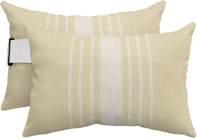 Pack of 2 Outdoor Lumbar Pillow Covers 12x20 Inch, Cream Beige Striped Waterproof Throw Pillow Covers Set, Modern Farmhouse Retro Lines Indoor&Outdoor Decorative Cushion Cases for Patio Porch Beach