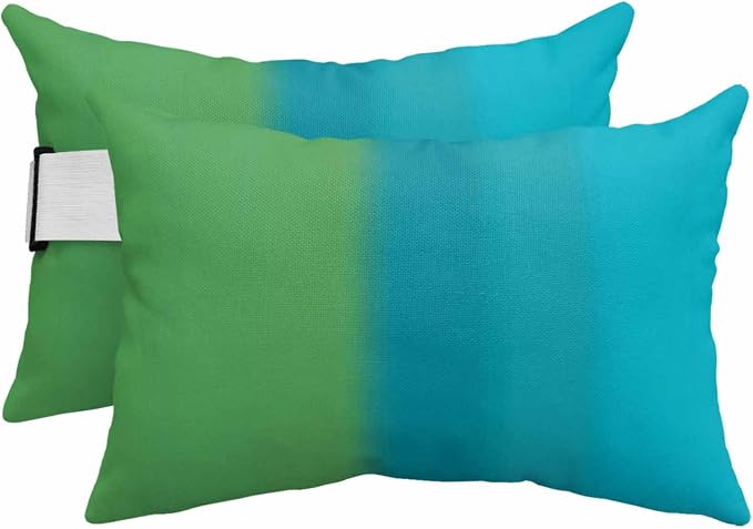 Color Ombre Striped Chaise Lounge Head Pillow, Minimalist Green Teal Blue Gradient Modern Water&Stain Proof Outdoor Chair Pillow with Strap&Insert for Garden Beach Pool Recliner, 12"x20", 2 PCS