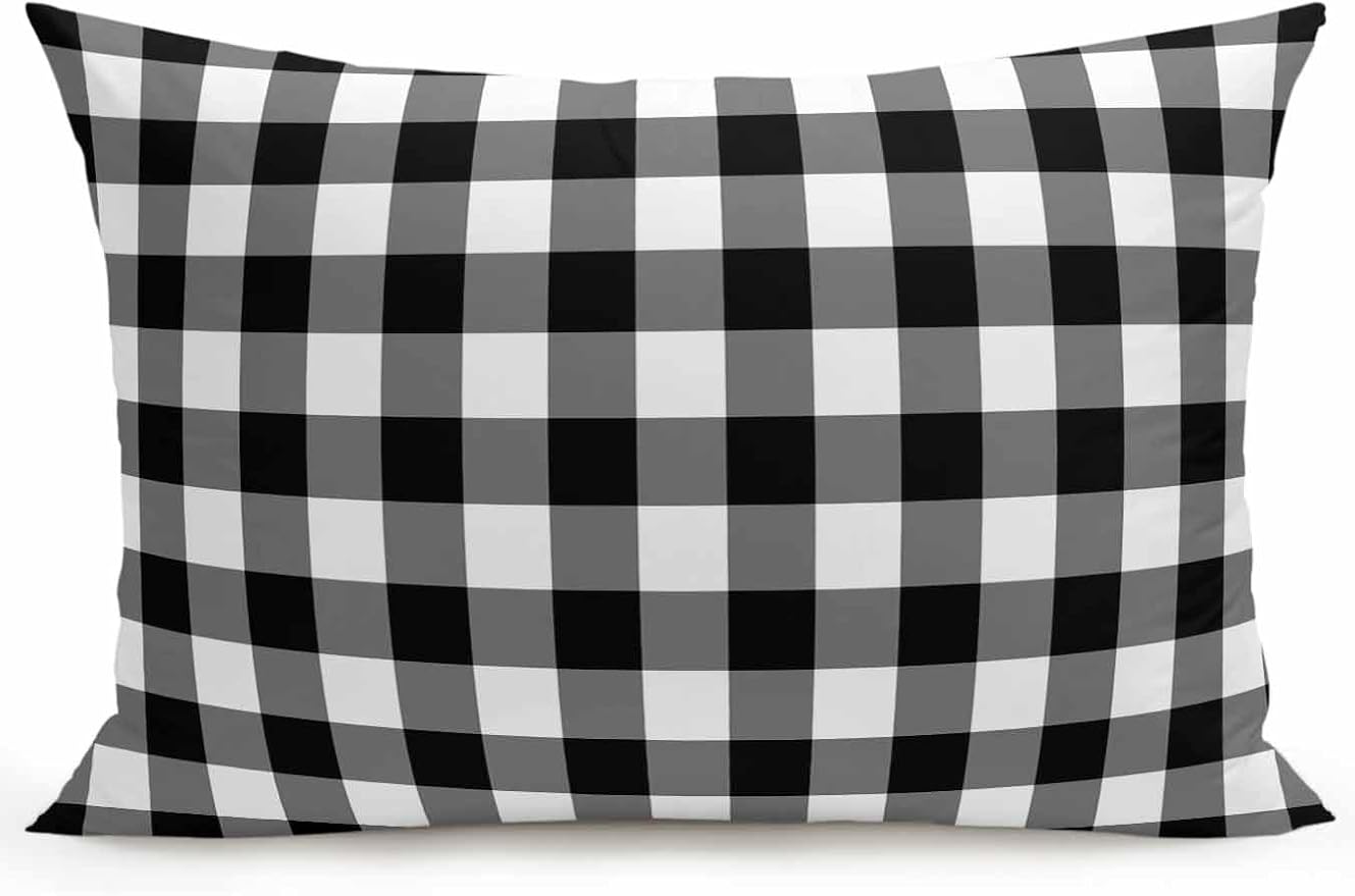 Waterproof Outdoor Pillow 1 Pack Black Buffalo Plaid Decorative Throw Pillows Cover & Insert 20x12 Inch Lumbar Pillowcase Check Lines Pillows for Couch Sofa Bed Patio Furniture Indoor Outdoor