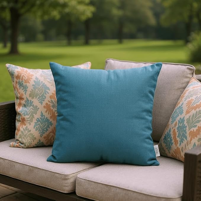 RSH DECOR Square Throw Pillows Set of 2, 17x17 Inch Decorative Pillows for Couch, Water-Resistant Patio Furniture Pillows, All-Weather Spun Fabric, Spectrum Peacock - Made in USA