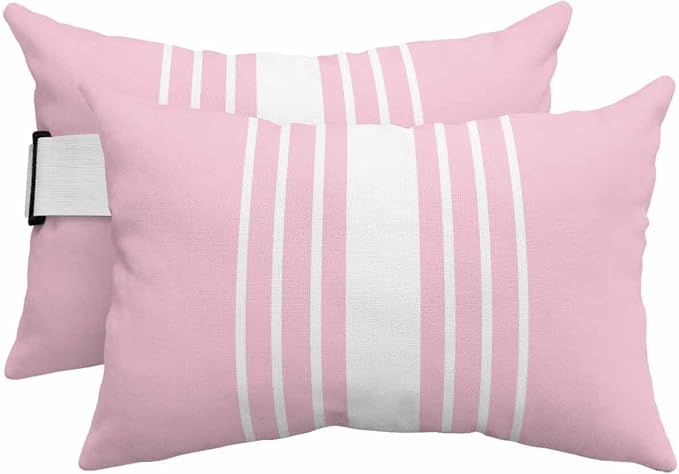 Pack of 4 Outdoor Lumbar Pillow Covers 12x20 Inch, Pink White Stripe Waterproof Throw Pillow Covers Set, Modern Rustic Vertical Striped Indoor&Outdoor Decorative Cushion Cases for Patio Porch Beach
