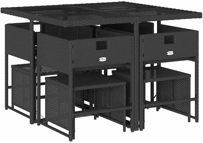 9-Piece Garden Dining Set with Black and Cream Poly Rattan, Powder-Coated Steel Frame, Stackable Chairs, and Removable Cushion Covers for Outdoor Patio
