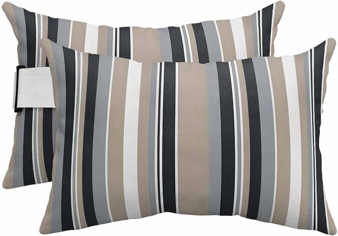 Grey Stripes Lines Outdoor Pillows Waterproof Covers, Khaki Classic Vertical Striped Adjustable Elastic Chaise Lounge Head Resting Pillows, Decorative Lumbar Pillow for Pool Patio Furniture