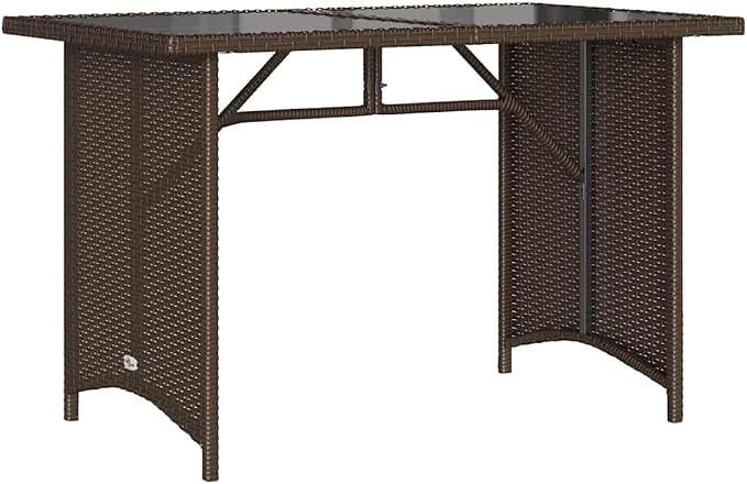 Brown PE Rattan Outdoor Table with Glass Top for Patio Dining, Small Space Outdoor Dining Table 43.3 x 26.8 in