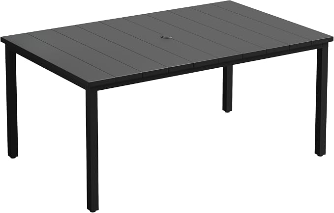 Outdoor Dining Table for 6, 63" Rectangle Outdoor Table with Adjustable Umbrella Hole, All-Weather Metal Patio Dining Table for Lawn Garden Backyard Deck, Black