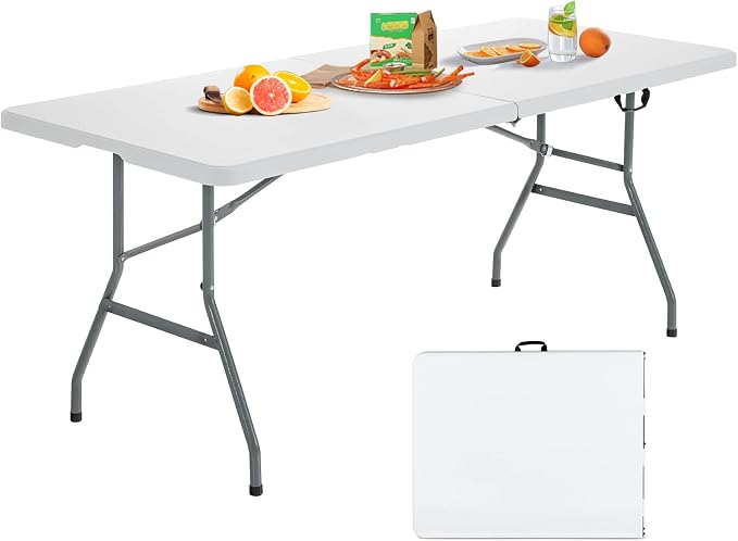 Giantex Folding Picnic Table, 6FT Portable Foldable Tables for Party BBQ, Metal Legs, HDPE, White Outdoor Indoor Camping Table with Handle, No Assembly
