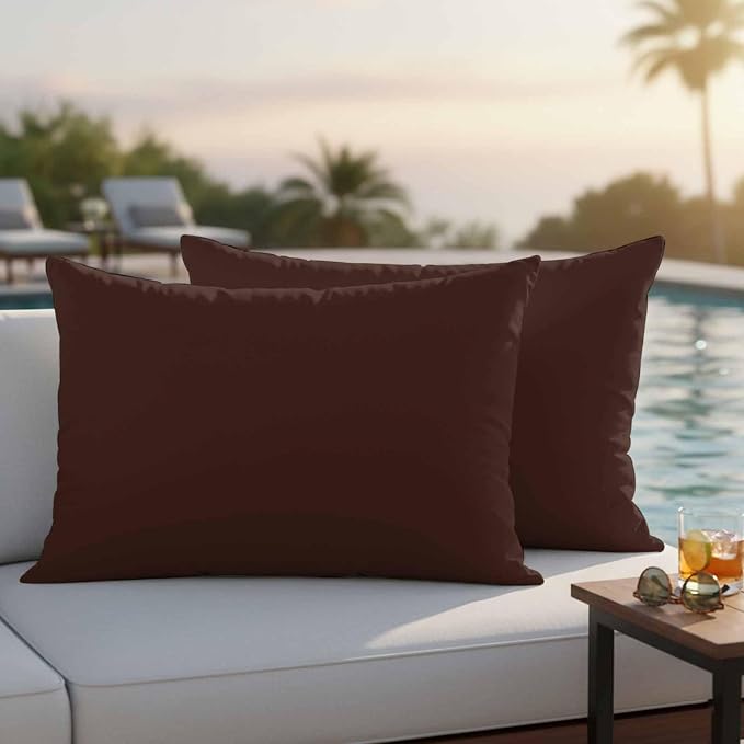 Lumbar Pillow Covers 12 x 20 Inches, Brown Pure Color Waterproof Throw Pillow Cover Set of 2, Aesthetics Contemporary Luxury Decorative Rectangle Cushion Covers for Patio/Couch/Garden