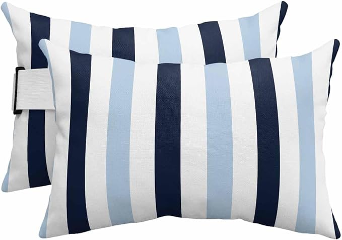 Pack of 4 Outdoor Lumbar Pillow Covers 12x20 Inch, Navy Blue Aqua Striped Waterproof Throw Pillow Covers Set, Farmhouse Stripe Art Indoor&Outdoor Decorative Cushion Cases for Patio Porch Beach