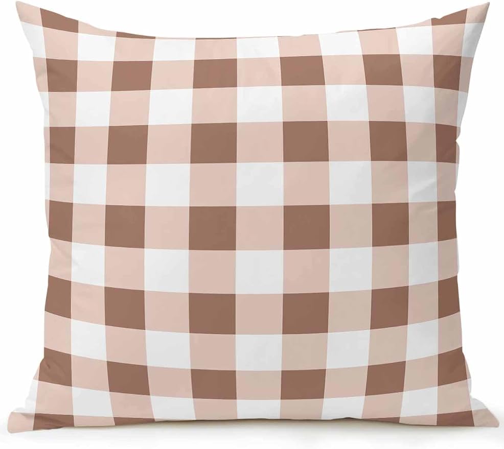 Waterproof Outdoor Pillow 1 Pack Brown Buffalo Plaid Decorative Throw Pillows Cover & Insert 16x16 Inch Pillowcase Check Lines Square Pillows for Couch Sofa Bed Patio Furniture Indoor Outdoor