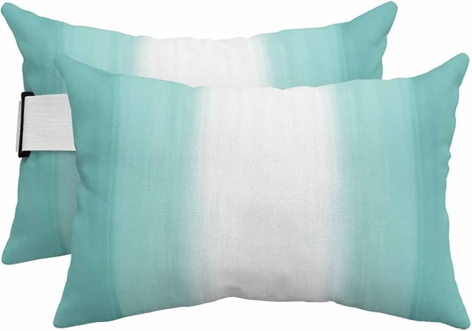Outdoor Lumbar Pillow Set of 2, Turquoise Ombre Waterproof Beach Headrest Pillow with Inserts, Modern Abstract Art Striped Gradient Recliner Throw Pillows for Patio Furniture, 11 x 16