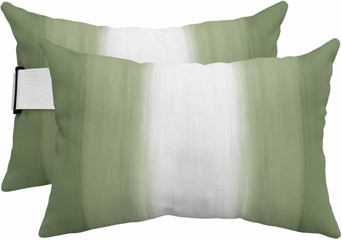 Outdoor Lumbar Pillow Set of 2, Sage Green Striped Waterproof Beach Headrest Pillow with Inserts, Green White Ombre Farmhouse Gradient Recliner Throw Pillows for Patio Furniture, 11 x 16