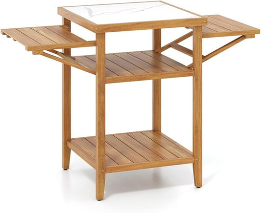 Acacia Wood Outdoor Grill Table with Drop Leaf, Faux Marble BBQ Prep Station for Patio Backyard, Folding Side Shelf Portable Camping Kitchen Table, Portable Grill Table for Patio, Kitchen