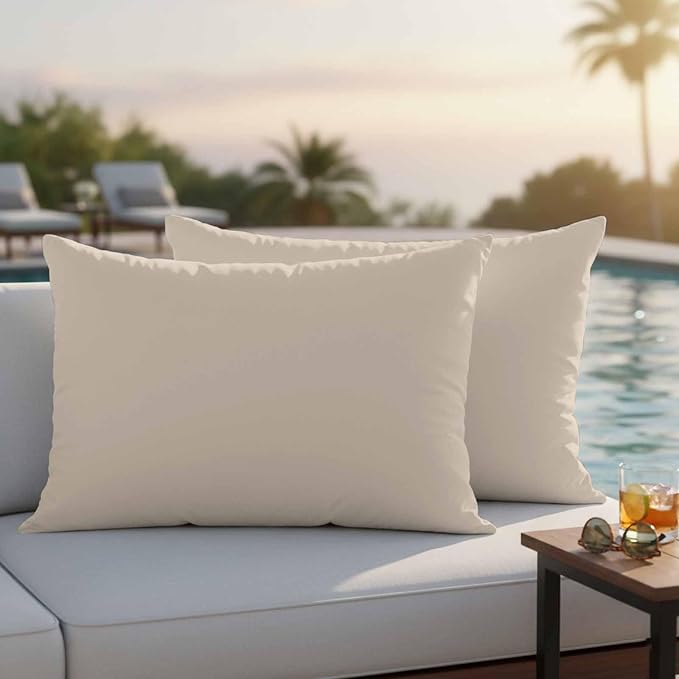 Lumbar Pillow Covers 12 x 20 Inches, Beige Pure Color Waterproof Throw Pillow Cover Set of 2, Aesthetics Contemporary Modern Decorative Rectangle Cushion Covers for Patio/Couch/Garden