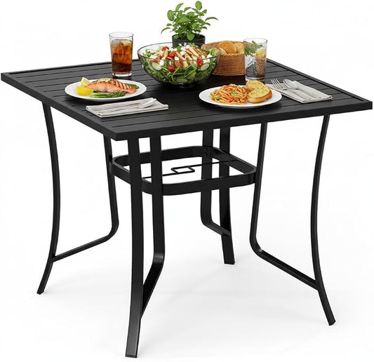 Tangkula 37" Metal Patio Dining Table for 4, Square Heavy Duty Outdoor Dining Table with Umbrella Hole, 4-Person Outside Dining Furniture for Porch, Garden, Balcony and Backyard