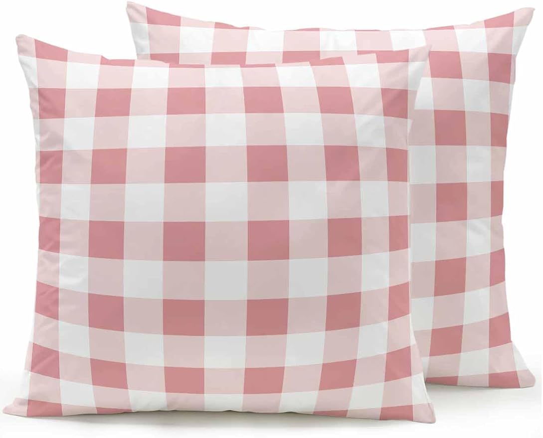 Waterproof Outdoor Pillow Set of 2 Pink Buffalo Plaid Decorative Throw Pillows Cover & Insert 18x18 Inch Pillowcase Check Lines Square Pillows for Couch Sofa Bed Patio Furniture Indoor Outdoor