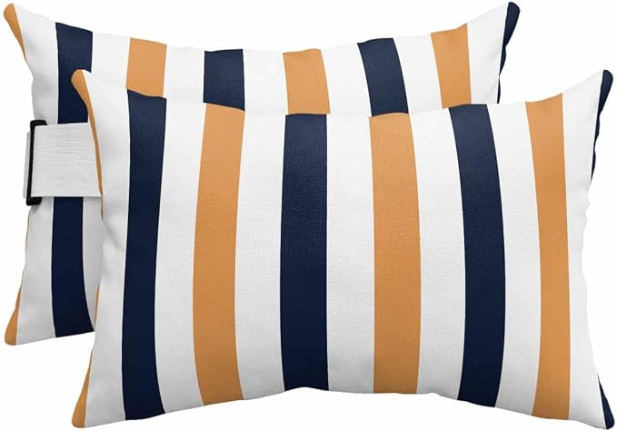 Pack of 2 Outdoor Lumbar Pillow Covers 11x16 Inch, Burnt Orange Navy Blue Striped Waterproof Throw Pillow Covers Set, Farmhouse Stripe Art Indoor&Outdoor Decorative Cushion Cases for Patio Porch Beach