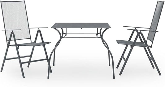 3-Piece Garden Dining Set, Anthracite Steel Patio Furniture with Square Table and Reclining Chairs, Powder-Coated Metal for Outdoor Backyard and Balcony, 35.4 Inch Square