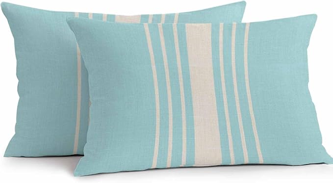 Lumbar Pillow Covers 20x12 Inch Set of 2, Aqua Beige Striped Waterproof Outdoor Cushion Covers, Modern Farmhouse Retro Lines Decorative Pillowcases for Couch, Sofa, Bed, Garden, Patio