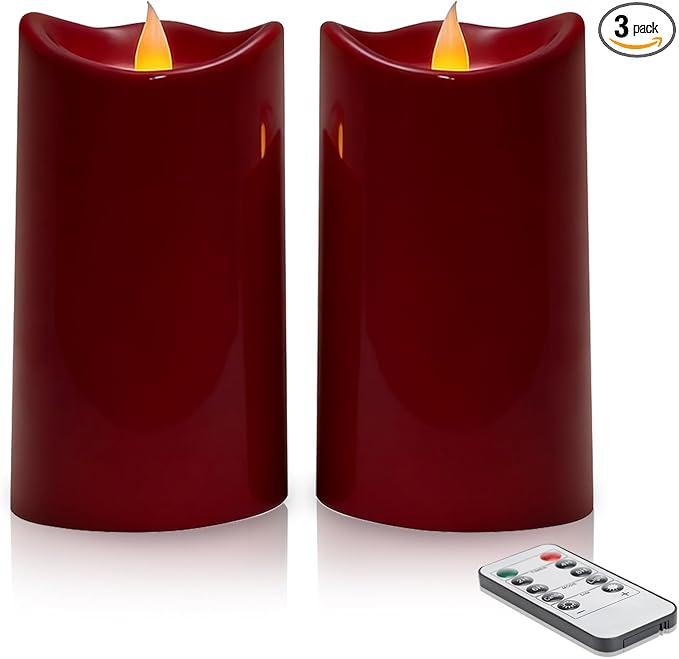 3 Pack Flameless Candles with Remote & Timer Ivory Outdoor Waterproof Led Pillar Candles(D3“x H 4”/5”/6”), Battery Operated Candles for Home & Holiday Party Decor (Red, 2 Pack - D3 X H6)