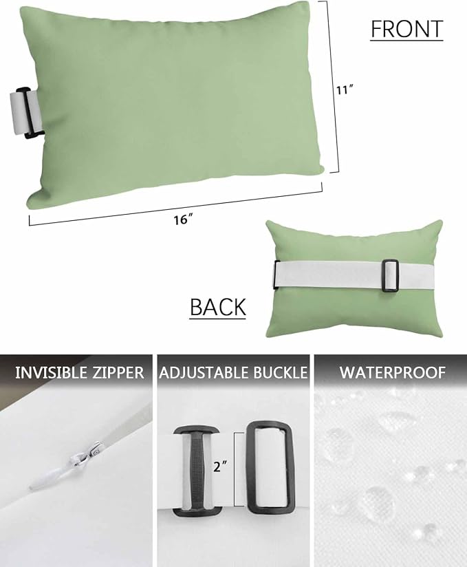 Chaise Lounge Chair Pillow with Strap & Insert Sage Green Outdoor Recliner Head Pillow Pack of 2 Solid Green Color Waterproof Headrest Patio Lumbar Pillow for Beach Pool Office Chair 11x16 Inch