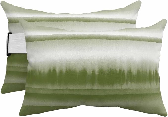 Outdoor Pillows Waterproof Covers Set of 2, Abstract Art Waves Elastic Chaise Lounge Headrest Pillow Covers, Stripes Watercolor Gradient Sage Green Lumbar Pillow for Beach Patio Furniture 11x16 Inch