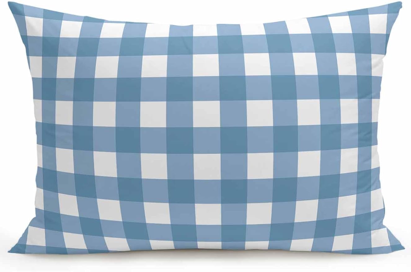 Waterproof Outdoor Pillow 1 Pack Buffalo Plaid Decorative Throw Pillows Cover & Insert 20x12 Inch Lumbar Pillowcase Blue Check Lines Pillows for Couch Sofa Bed Patio Furniture Indoor Outdoor