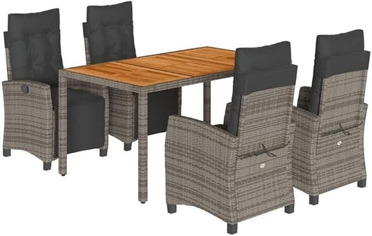 Afuera Living 5-Piece Poly Rattan Garden Dining Set, Gray, Powder-Coated Steel Frame, Acacia Wood Accents, UV-Resistant Material with Removable Cushion Covers, Modern Patio Furniture for Outdoor