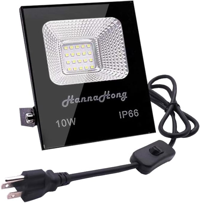 10W LED Flood Light with ON/Off Switch Plug in,Cool White,Security/Work/Plant Grow Outdoor Light,IP66 Waterproof,Reflector Spotlight for Porch, Garage,Patio,Yard,Garden