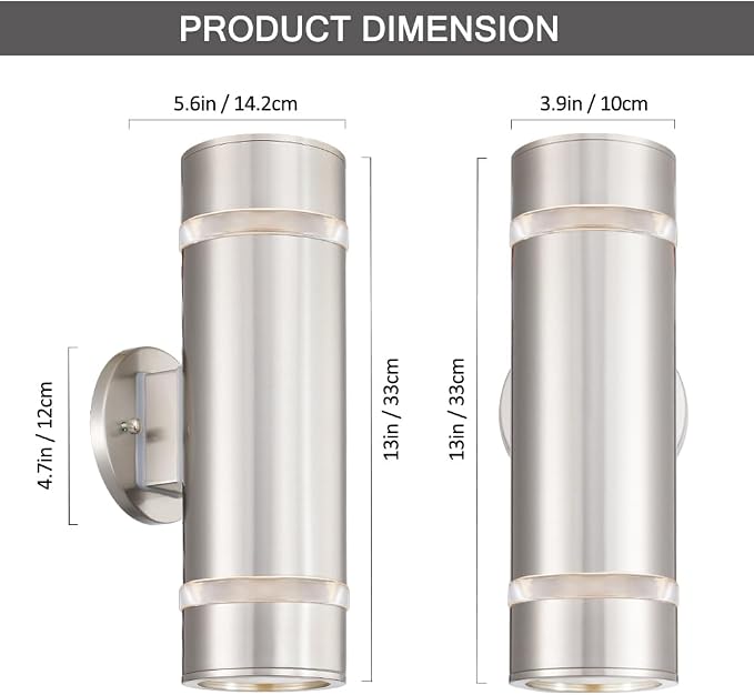 13" Stainless Steel Modern Outdoor Wall Sconce Cylinder Porch Light | E26 Base,UL listed,Brushed Nickel Up and Down Lights Outdoor Exterior Lighting Fixture for House Garage Patio Porch Garden