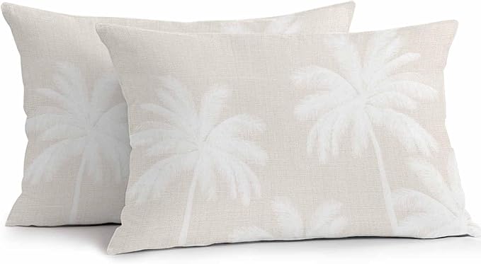 Lumbar Pillow Covers 20x12 Inch Set of 2, Cream Palm Trees Waterproof Outdoor Pillow Covers, Farmhouse Tropical Summer Beach Decorative Cushion Pillowcases for Couch, Sofa, Bed, Garden, Patio