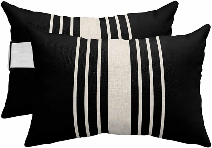 Pack of 4 Outdoor Lumbar Pillow Covers 11x16 Inch, Black Beige Striped Waterproof Throw Pillow Covers Set, Modern Farmhouse Retro Lines Indoor&Outdoor Decorative Cushion Cases for Patio Porch Beach