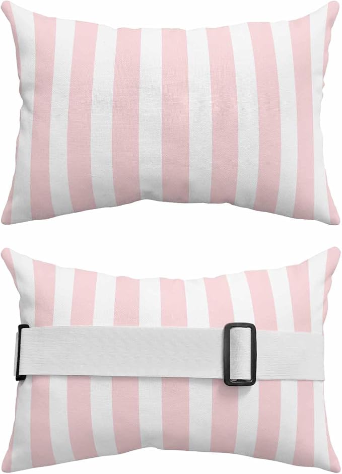 DecorLovee Pink Striped Outdoor Recliner Pillows for Head, Farmhouse Waterproof Chair Pillow with Elastic Stripe, Pink White Stripes Chaise Lounge Headrest Pillow for Patio/Beach/Pool 2Pack, 11"x16"