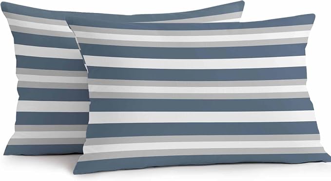 Haze Blue Stripe Outdoor Pillow Covers Waterproof, All Weather Cushion Case Set of 2, Farmhouse Blue Gray Striped Lumbar Pillowcase for Sofa Couch Bed Decor Patio Furniture 20"x12"