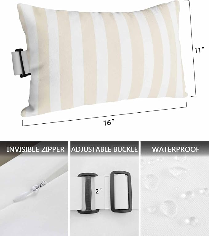 DecorLovee Cream Striped Outdoor Recliner Pillows for Head, Farmhouse Waterproof Chair Pillow with Elastic Stripe, Cream White Stripes Chaise Lounge Headrest Pillow for Patio/Beach/Pool 1Pack, 11"x16"