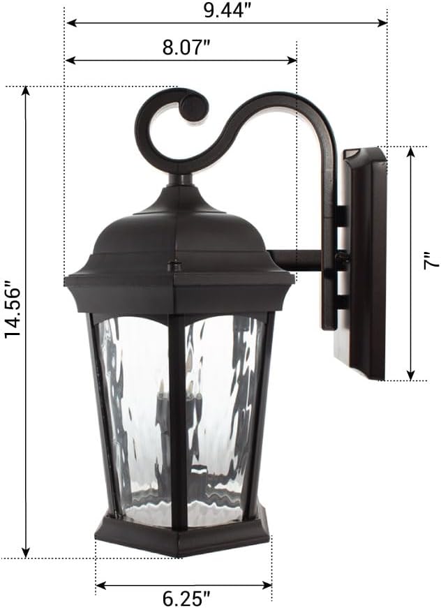 Euri Lighting EFL-130W-MD Flickering Flame Porch Light, Water Glass, with Integrated Security Light (3000K), Motion-Sensor, Dusk-to-Dawn, Oil Rubbed Bronze Housing | Integrated Security Light (3000K), Dusk-to-dawn, Water Glass, Oil Rubbed Bronze Housing