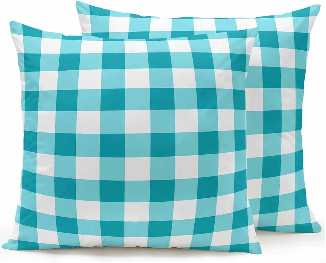 Waterproof Outdoor Pillow Set of 2 Turquoise Buffalo Plaid Decorative Throw Pillows Cover & Insert 16x16 Inch Pillowcase Check Lines Square Pillows for Couch Sofa Bed Patio Furniture Indoor Outdoor