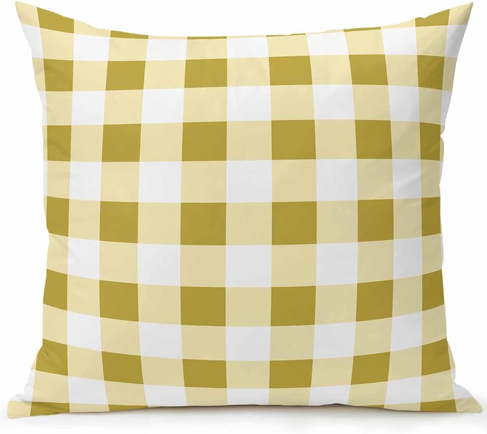 Waterproof Outdoor Pillow 1 Pack Buffalo Plaid Decorative Throw Pillows Cover & Insert 18x18 Inch Pillowcase Yellow Check Lines Square Pillows for Couch Sofa Bed Patio Furniture Indoor Outdoor