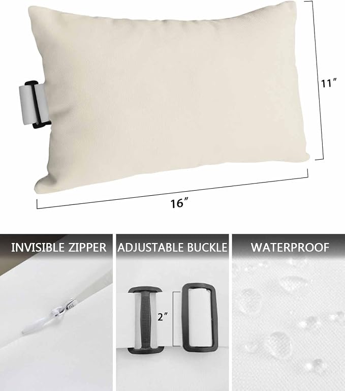 DecorLovee Cream Outdoor Recliner Pillows for Head, Modern Pure Cream Waterproof Chair Pillow with Elastic Stripe, Farmhouse Chaise Lounge Headrest Pillow for Patio/Beach/Pool 2Pack, 11"x16"