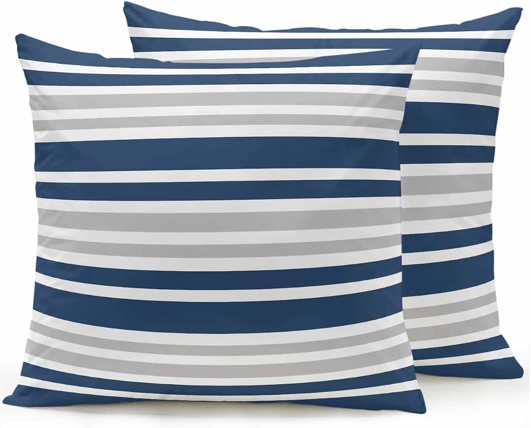 Outdoor Waterproof Throw Pillows Classic Modern Striped Patio Pillows Pack of 2,Decorative Pillow Covers with Insert,Pillow Cushion Case for Garden Couch Sofa Grey White Navy Blue