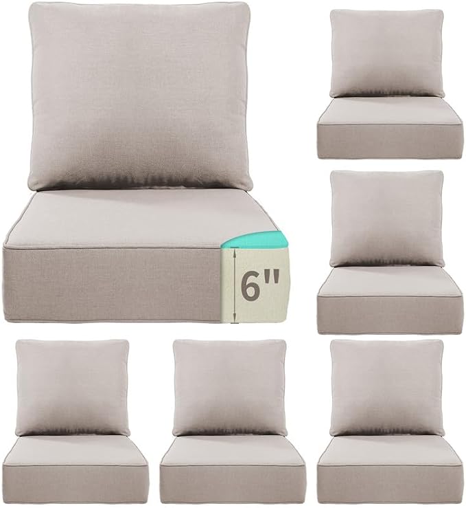 Luxury 22*24*6in Outdoor Patio Cushions, 6 Pieces Beige Outdoor Cushion | 6'' Thick Outdoor Cushions, Water-Resistant, Reversible, Removable Cover, for Patio Chairs Sofa Couch Loveseat